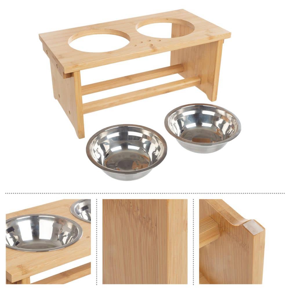 Elevated Bamboo Dog Feeding Station with Stainless Steel Bowls