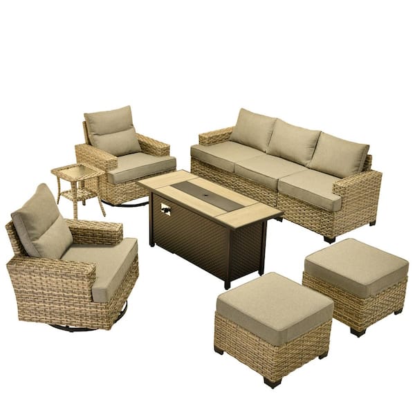Torino Gray 9-Piece Wicker Outdoor Patio Conversation Deep Sofa Seating Set with Metal Fire Pit and Dark Gray Cushions