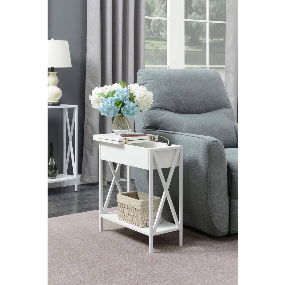 White Wood Flip-Top End Table with Charging Station