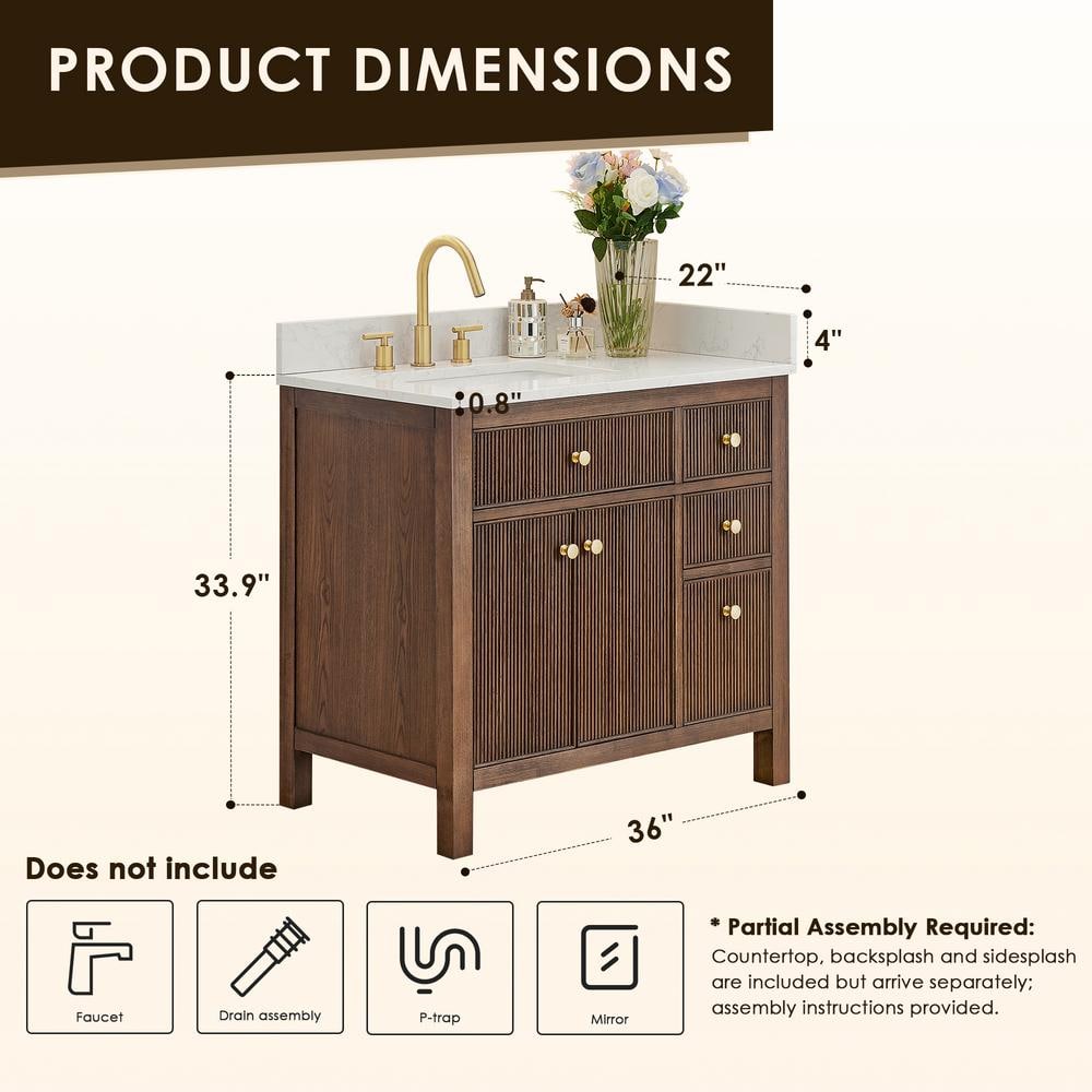 Cerrito 36" Brown Brushed Oak Vanity with White Stone Top