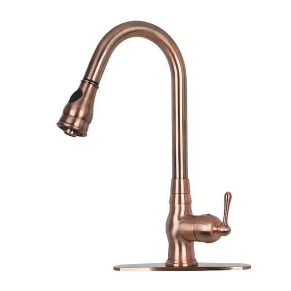 Akicon Single-Handle Pull Down Sprayer Kitchen Faucet with Deck Plate in Antique Copper