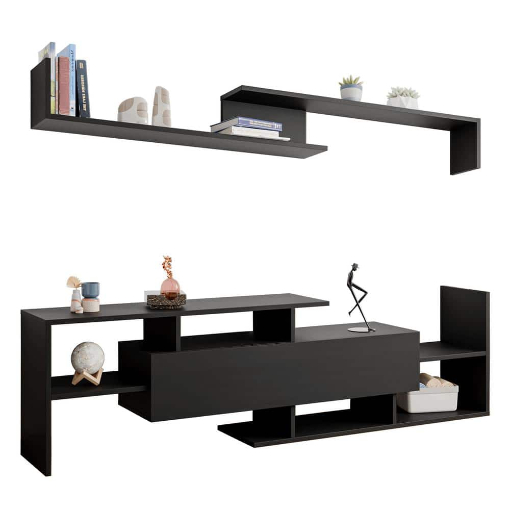 Ebony Modern TV Stand with MDF Shelves and Cabinet