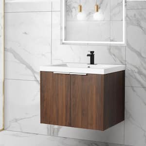 FLOATING 24 in. Wx 18 in. Dx 19 in. H Wall Mount Bath Vanity in Walnut with Concealed Handle White Resin Single Sink Top