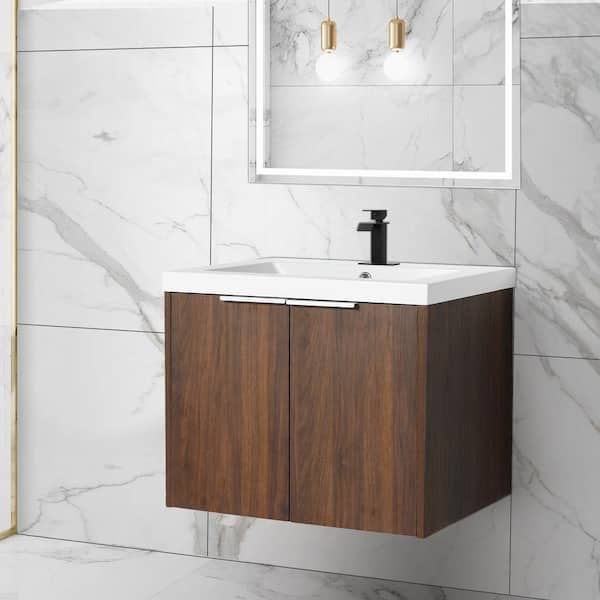 FLOATING 24 in. Wx 18 in. Dx 19 in. H Wall Mount Bath Vanity in Walnut with Concealed Handle White Resin Single Sink Top