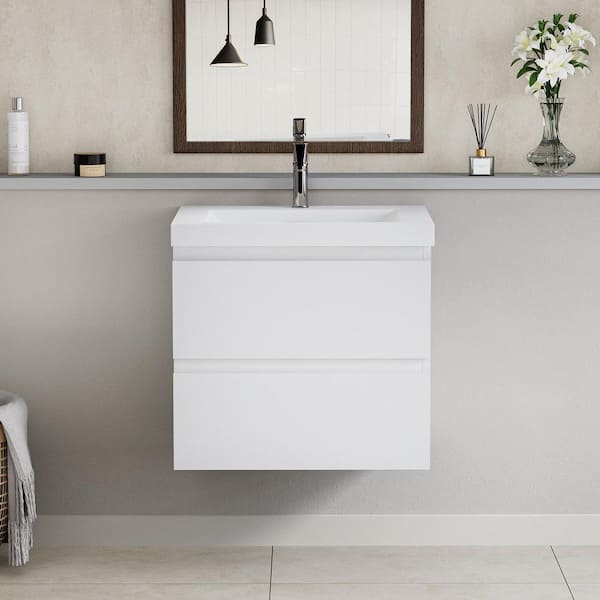 FAMYYT Luxe Aura 30 in. W x 20 in. D x 22.5 in. H Single Sink Floating Bath Vanity in White with White Resin Top