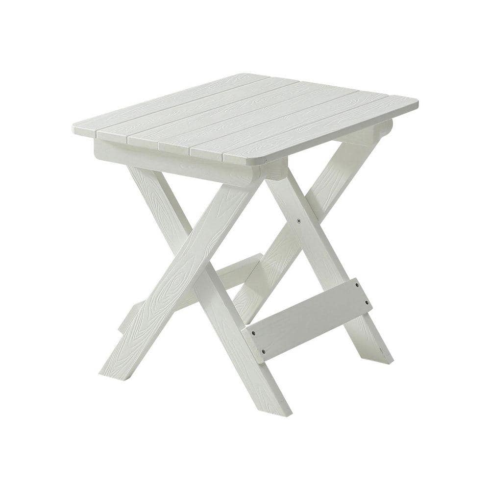 3/4 view of the white foldable wood outdoor table.
