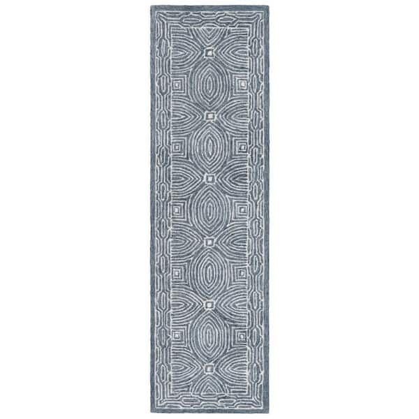 SAFAVIEH Micro-Loop 2 ft. x 8 ft. Navy/Ivory Border Abstract Geometric ...