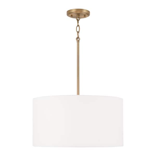 Alan 18 in. W x 9 in. H 3-Light Pendant in Aged Brass with White Fabric Drum Shade and Acrylic Diffuser