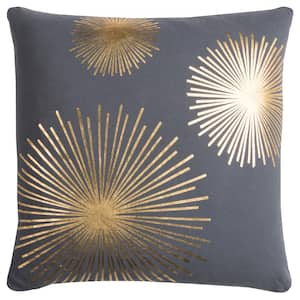 Gray/ Gold Metallic Foil Print Star Burst Cotton Poly Filled 20 in. x 20 in. Decorative Throw Pillow