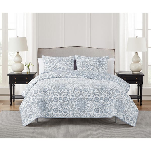 CEDAR COURT Deena 3-Piece Blue Soft Matelasse Jacquard Cotton Blend Quilt Set - King