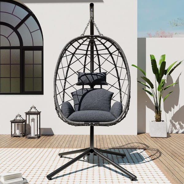 1-Person Metal Patio Swing Egg Chair with Stand with Gray Cushion