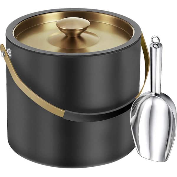 Numhew 3.38 qt. Black Stainless Steel Insulated Ice Bucket with Silicone Lid, Scoop and Strainer for Parties
