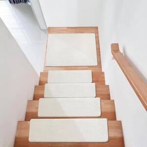 Plush White 9.5 in. x 30 in. x 1.2 in. Bullnose Polyster Carpet Stair Tread Cover With Landing Mat Tape Free Set of 15