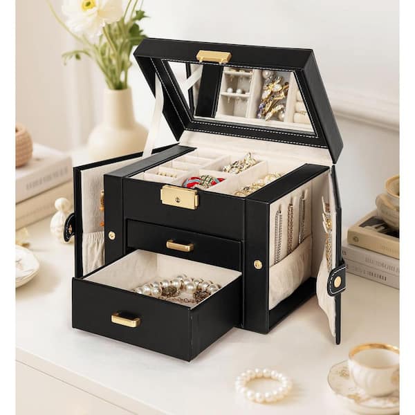 Leather Jewelry Box with Mirror and Lock 3-Tier 2-Drawer PU