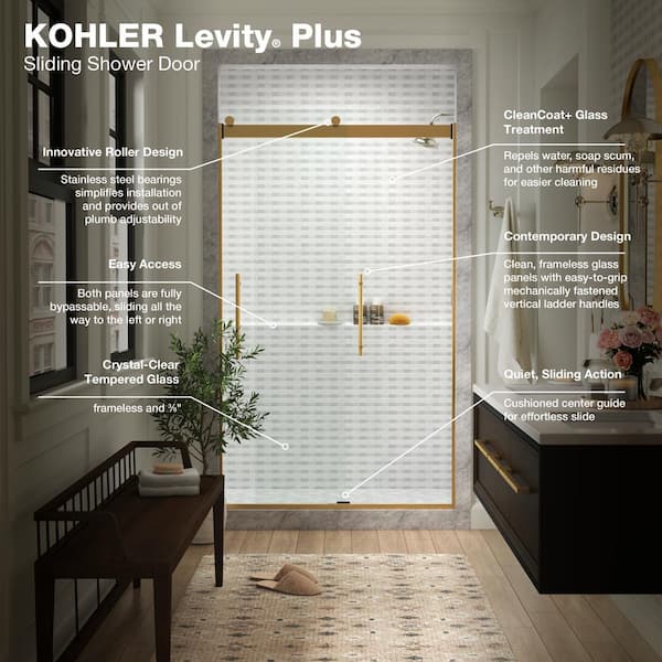 KOHLER Levity Plus 45-48 in. W x 82 in. H with 3/8 in. Thick Sliding Frameless Shower Door Crystal Clear Glass