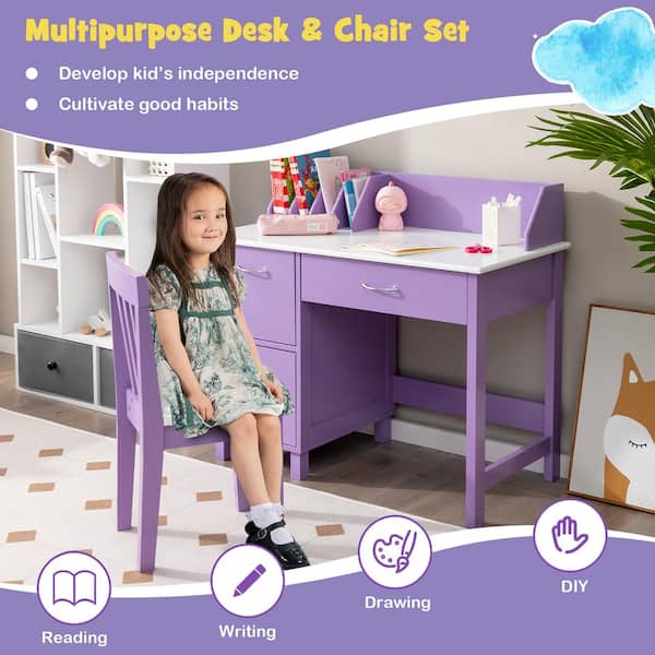 木製デスク 紫パネル USBポート付き Costway 2-Piece Kids Wood Top Purple Study Desk and Chair Writing