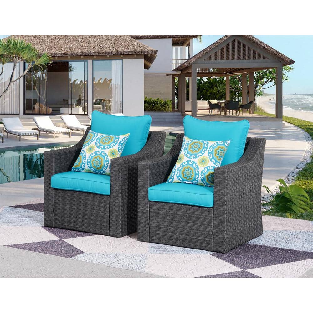 Black 2-Pieces PE Rattan Wicker Outdoor Patio Single Couch Chairs with Blue