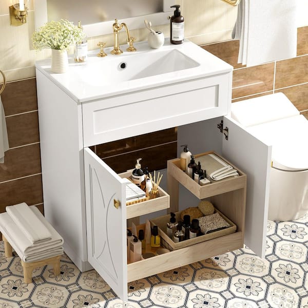 30 in. Bath Vanity Freestanding White Storage Cabinet with White Ceramic Top, Soft Closing Doors