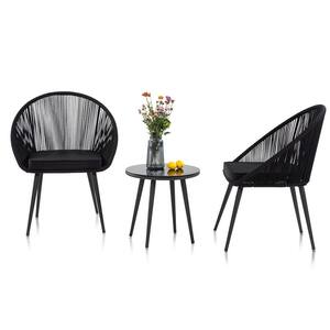 3-Piece Metal Outdoor Bistro Set in Black with Cushions