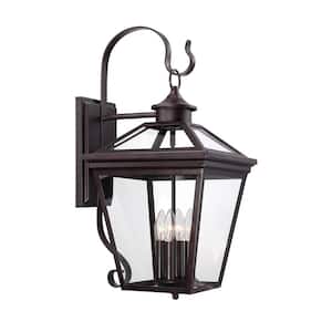 Ellijay 12 in. W x 25.5 in. H 4-Light English Bronze Hardwired Outdoor Wall Lantern Sconce with Clear Glass Shade