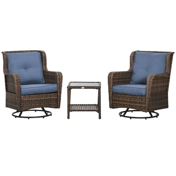 Dark Blue 3-Piece Wicker Outdoor Bistro Set with Soft Cushions