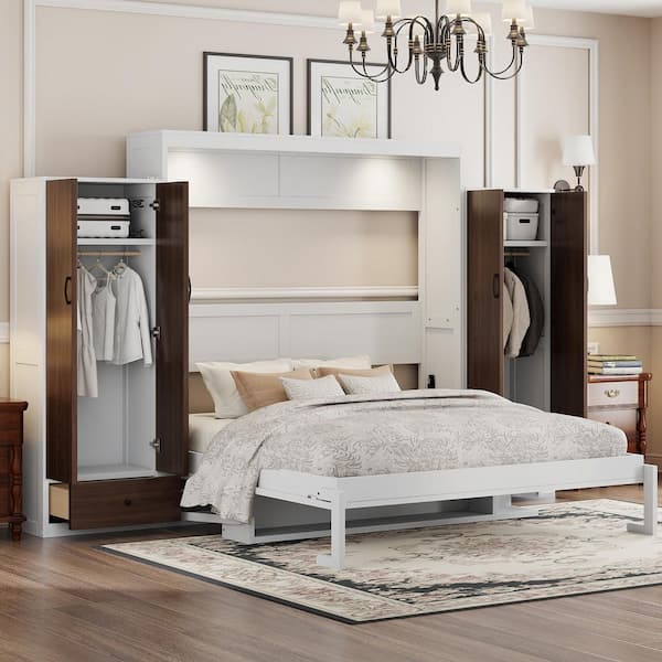 White Wood Frame Queen Size Murphy Bed with Closet, Drawers and Table