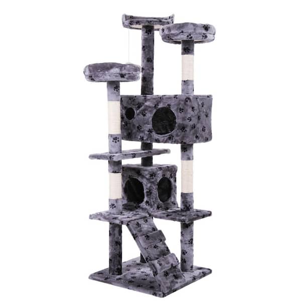 COZIWOW 60 in. H Cat Tree House Activity Center Gray with Paw Print Furniture Cover