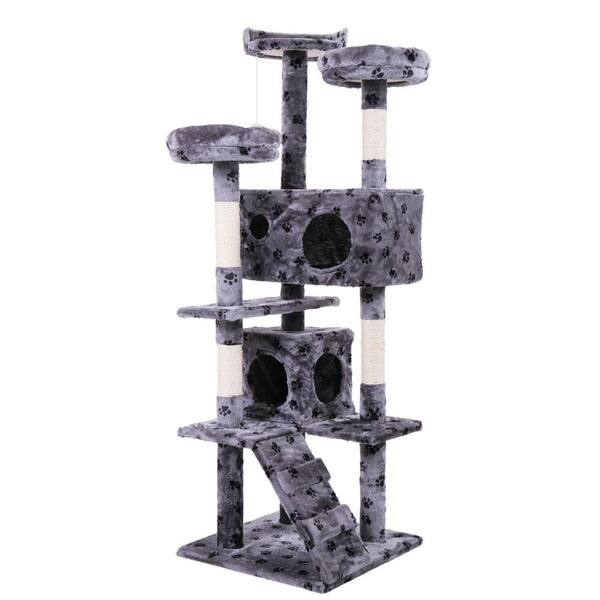 COZIWOW 60 in. H Cat Tree House Activity Center Gray with Paw