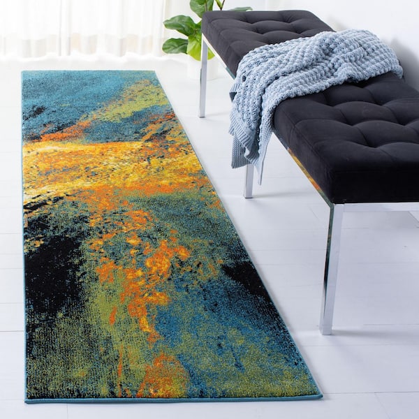 Galaxy 2 ft. x 8 ft. Blue/Yellow Abstract Runner Rug