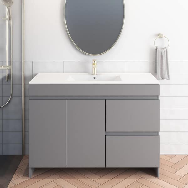 VOLPA USA AMERICAN CRAFTED VANITIES Mace 48 in. W x 18 in. D x 34 in. H Bath Vanity in Gray with White Ceramic Top and Right-Side Drawers