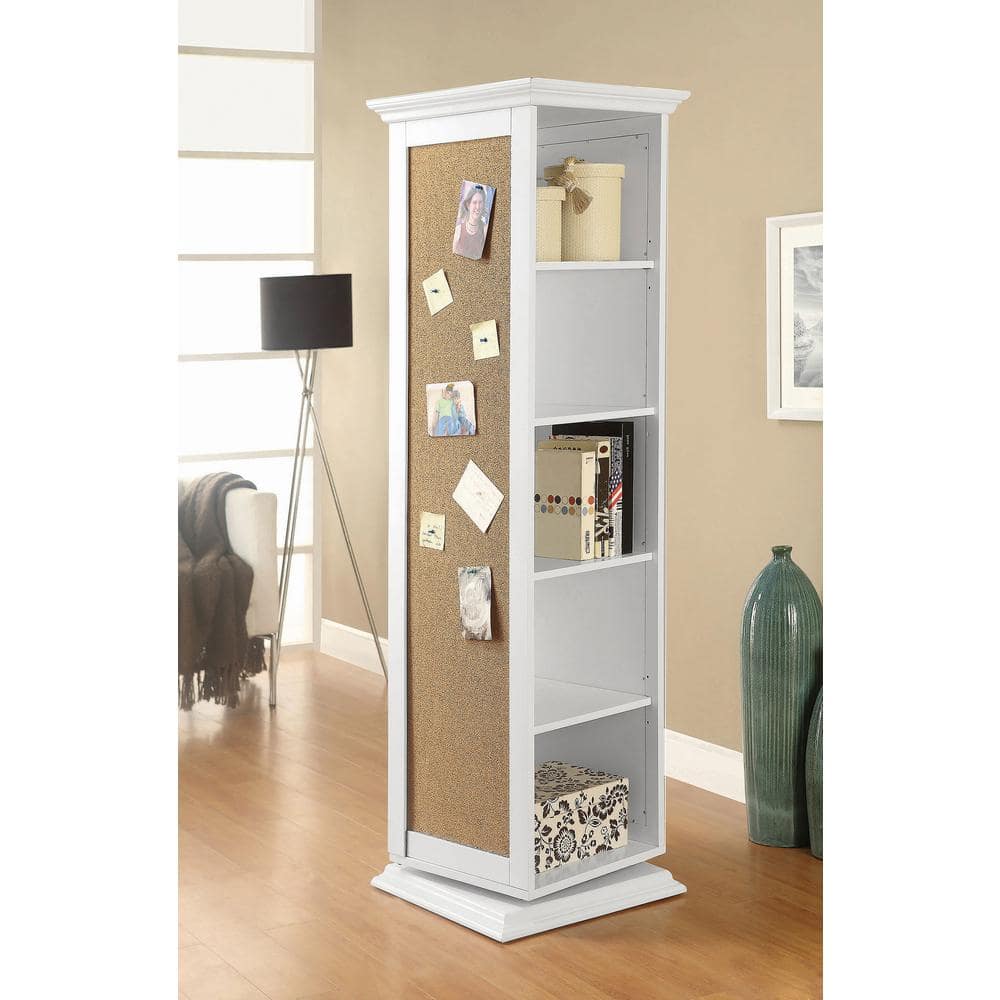 Transitional White Swivel Storage Cabinet with Cork Board and Mirror
