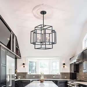 4-Light Modern Square Chandelier Lantern Pendant Lighting Fixture for Kitchen, Dining Room, Black and Brushed Nickel