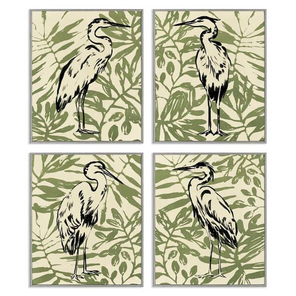 Stupell Industries Tropical Herons with Leaves by June Erica Vess 4-Pieces Gray Framed Nature Giclee Art Print 20 in. x 16 in.