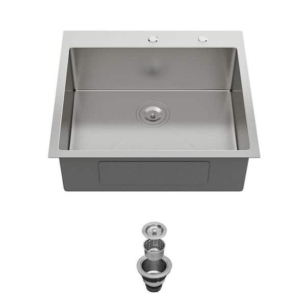 25 in. Drop-in Single Bowl 16 Gauge Brushed Nickel Stainless Steel Kitchen Sink with Drain