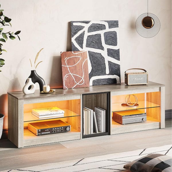 63 in. Wash White TV Stand Fits TVs up to 65 in. LED Entertainment Center with Adjustable Glass Shelves