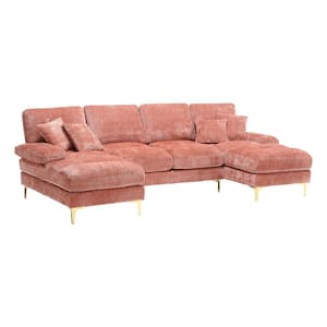 114 in W 4-piece Chenille U Shaped Modern Sectional Sofa in. Pink with Double Chaises and Throw Pillows