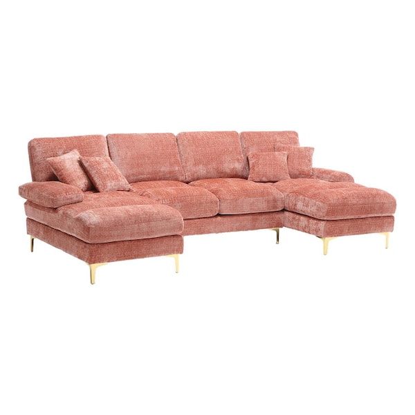 HOMEFUN 114 in W 4-piece Chenille U Shaped Modern Sectional Sofa in. Pink with Double Chaises and Throw Pillows