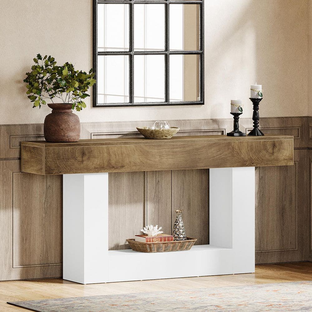 BYBLIGHT 63 in. Brown & White Rectangle Wood Console Table, Farmhouse 2 ...