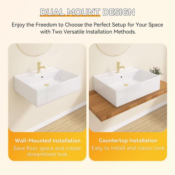 22.5 in Ceramic Tiny Sink Wall-Mounted Rectangular Bathroom Sink with Single Faucet Hole in White Floating Vessel Sink