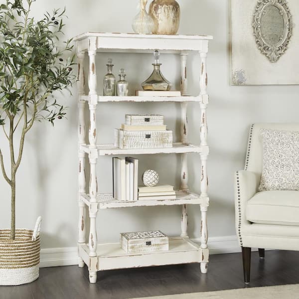 Litton Lane 55 in. 5 Shelf Wood Stationary White Distressed Open Shelving Unit with Spindle Sides and Mesh