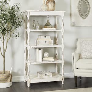 5 Shelf Wood Stationary White Distressed Open Shelving Unit with Spindle Sides and Mesh