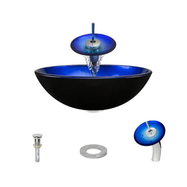 MR Direct Glass Vessel Sink in Blue Foil Undertone with Waterfall Faucet and Pop-Up Drain in Chrome