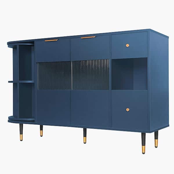 Unbranded Navy Blue MDF 51.1 in. Buffet Storage Cabinet Sideboards with Glass Door Drawers and Rotating Shelf