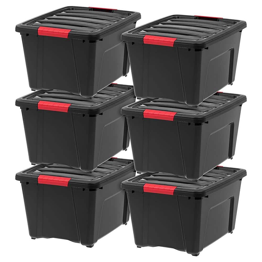 32 qt. Plastic Storage Bin with Lid in Black (6-Pack)