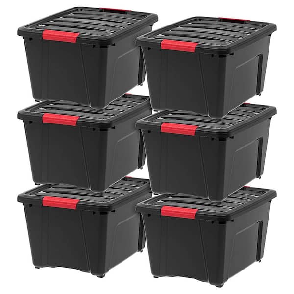 32 qt. Plastic Storage Bin with Lid in Black (6-Pack)