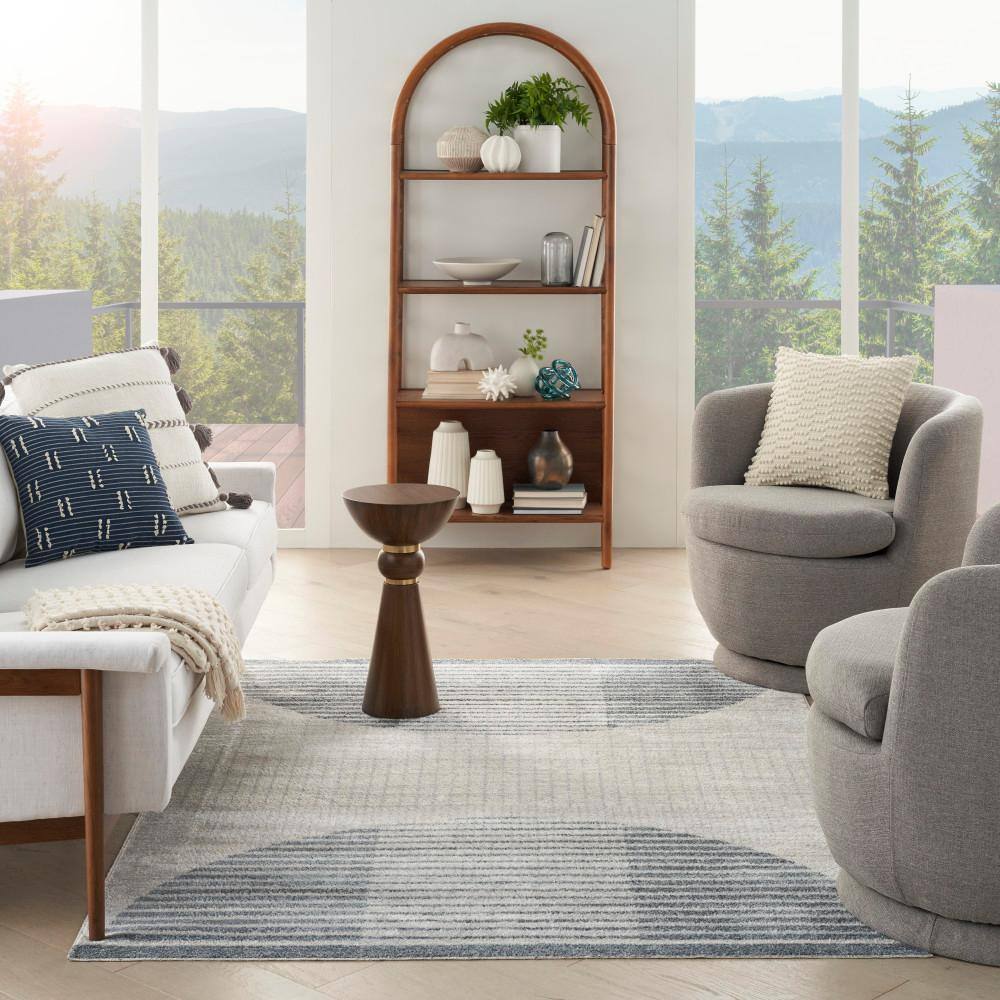 Astra Ivory Blue Geometric Mid-Century Modern Washable Area Rug
