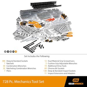 1/4 in., 3/8 in., and 1/2 in. Drive Master Mechanics Tools Set with Impact Sockets (728-Piece)