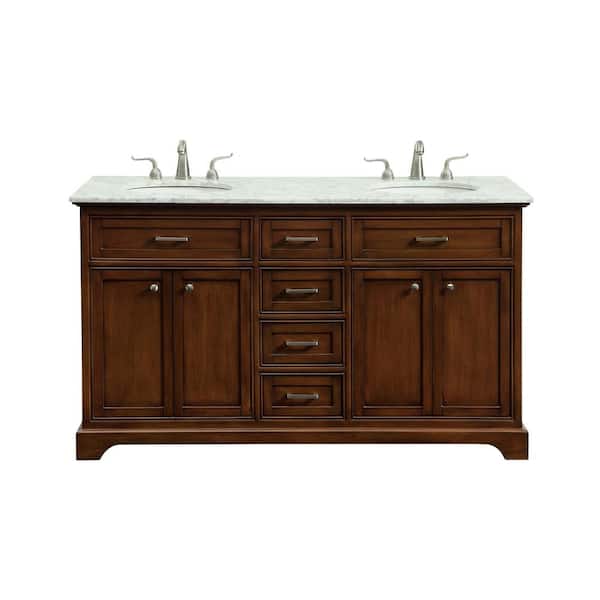 Unbranded Easton 60 in. Double Bathroom Vanity with 4-Drawers 2-Shelves 4-Doors Marble Top Porcelain Sink in Teak Finish