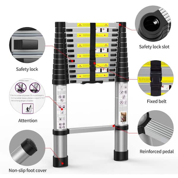 12.5 ft. Telescoping Aluminum Extension Ladder with 2-Triangle Stabilizers, Heavy Duty 330 lbs. Max Capacity