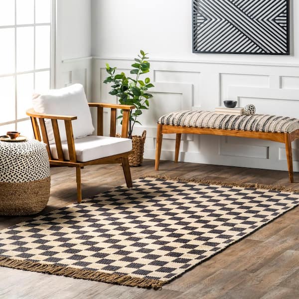 Connie Checkered Wool/Jute Tasseled Gray Doormat 3 ft. x 5 ft. Accent Rug